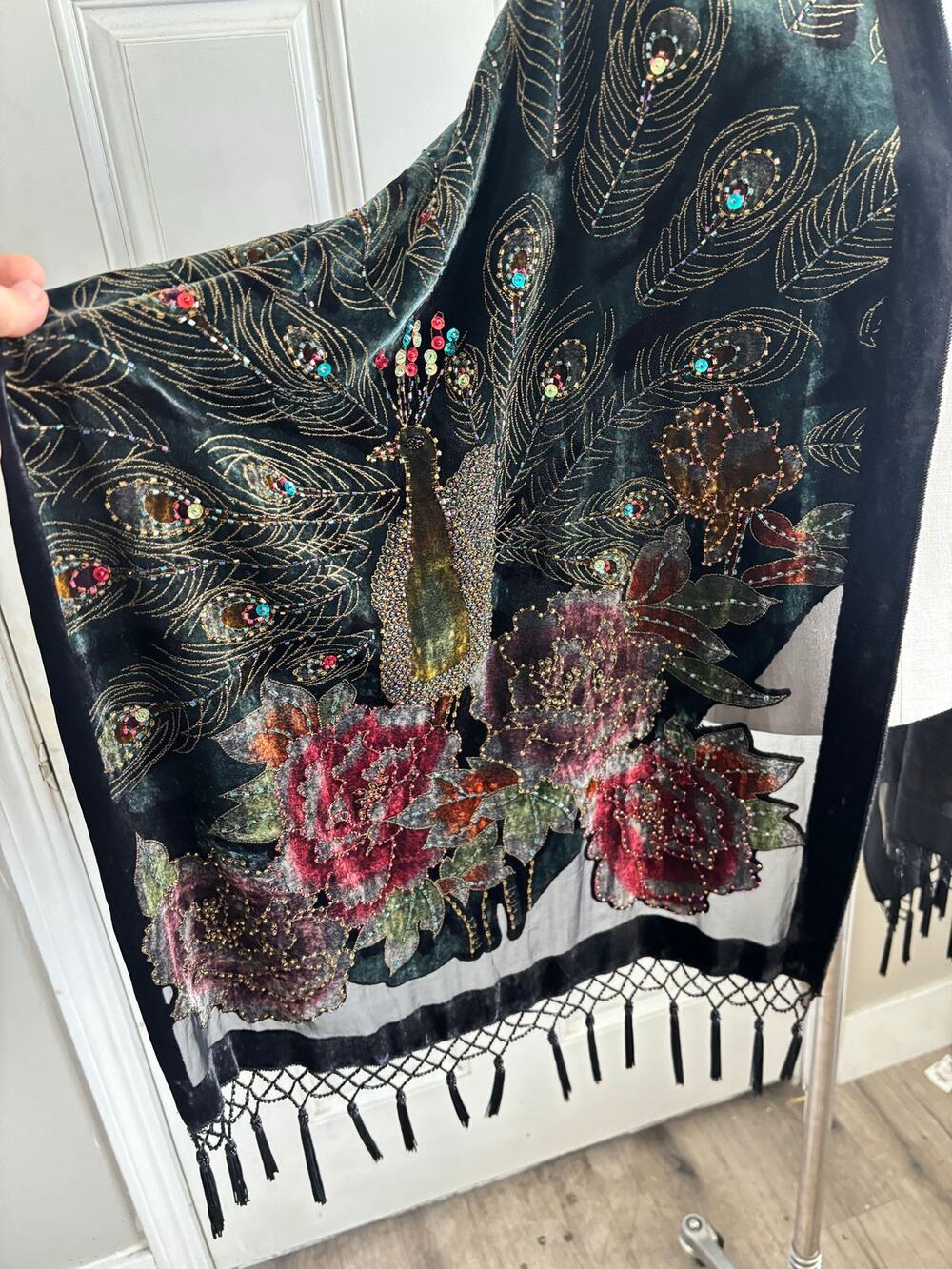 Velvet and silk STUNNING witchy piano shawl - peacock and floral beaded